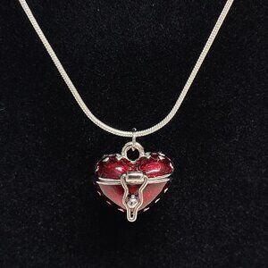 Artisan red enamel heart locket necklace with sterling silver chain, new